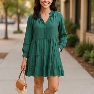 Knox Rose Womens XXL‎ Verde Green Long Sleeve Button Front Tiered Boho Dress